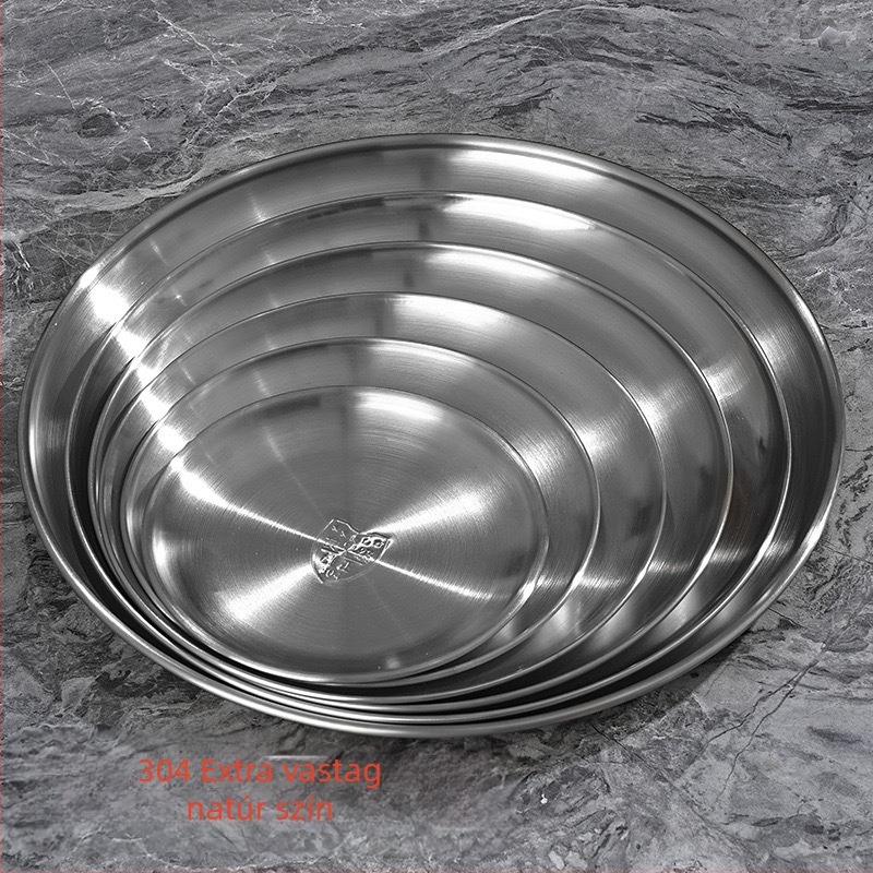 Rozsdamentes acélból készült sekély tál, kerek, polírozott felület, éttermi és vendéglátó felhasználásra, logó nyomtatás testreszabható