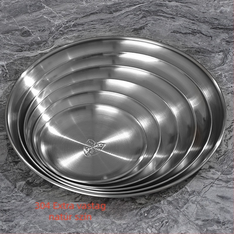 Rozsdamentes acélból készült sekély tál, kerek, polírozott felület, éttermi és vendéglátó felhasználásra, logó nyomtatás testreszabható