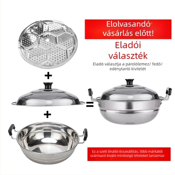 Rozsdamentes acél gőzölő és sütő wok – kettős funkciójú edény gőzölésre és sütésre, egy alap, 15 cm mély, rozsdamentes fedő, univerzálisan használható tűzhelyekhez