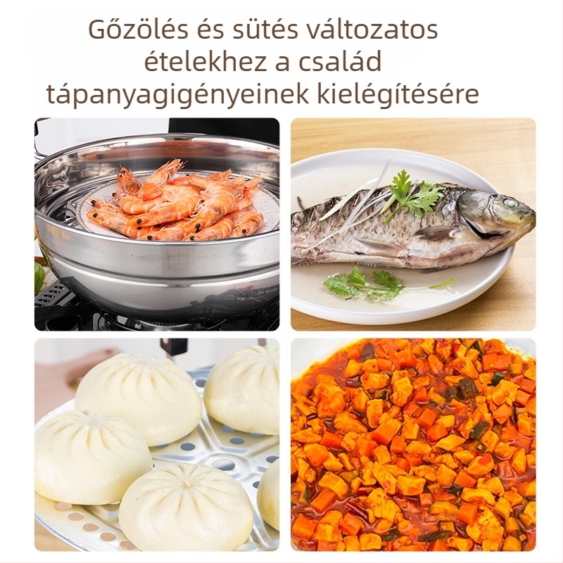 Rozsdamentes acél gőzölő és sütő wok – kettős funkciójú edény gőzölésre és sütésre, egy alap, 15 cm mély, rozsdamentes fedő, univerzálisan használható tűzhelyekhez