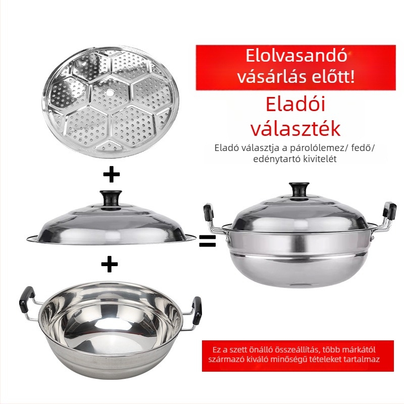 Rozsdamentes acél gőzölő és sütő wok – kettős funkciójú edény gőzölésre és sütésre, egy alap, 15 cm mély, rozsdamentes fedő, univerzálisan használható tűzhelyekhez