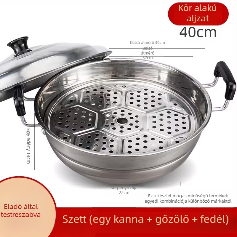 Rozsdamentes acél gőzölő és sütő wok – kettős funkciójú edény gőzölésre és sütésre, egy alap, 15 cm mély, rozsdamentes fedő, univerzálisan használható tűzhelyekhez