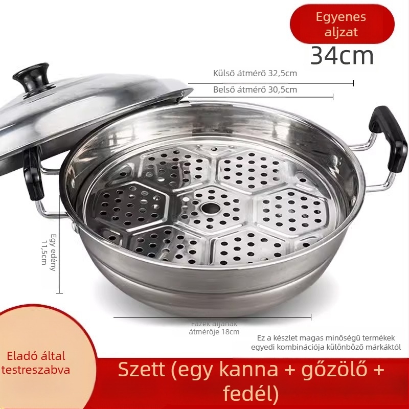 Rozsdamentes acél gőzölő és sütő wok – kettős funkciójú edény gőzölésre és sütésre, egy alap, 15 cm mély, rozsdamentes fedő, univerzálisan használható tűzhelyekhez