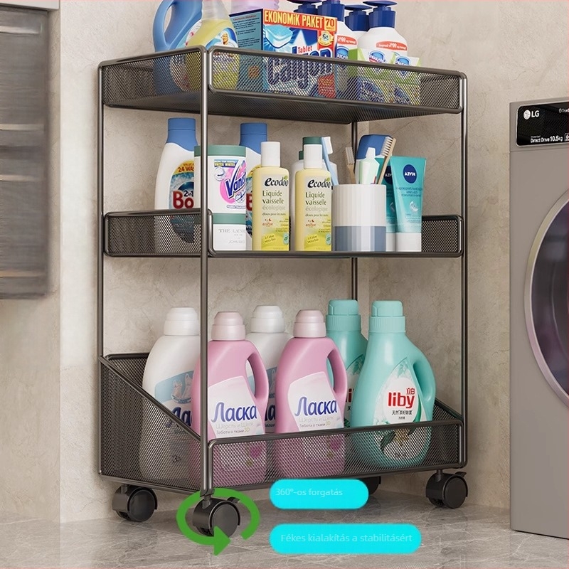 Fürdőszobai padlón álló tároló állvány, 3‑szintes vas polc, sütőben égetett felülettel, egyszerű és modern stílus, teherbírás 30–40 kg