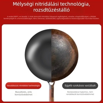 Love mom nitridált kovácsoltvas wok, kínai stílus, kerek aljzat, üvegfedél