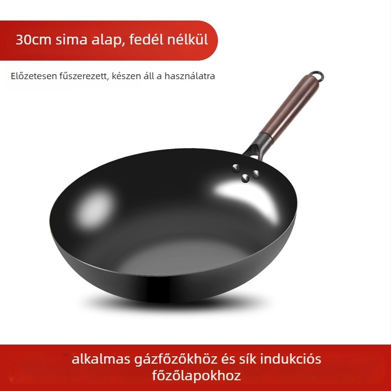 Love mom nitridált kovácsoltvas wok, kínai stílus, kerek aljzat, üvegfedél