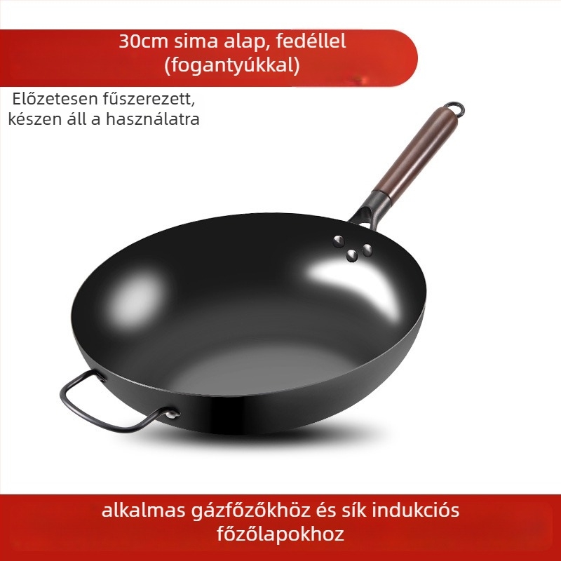 Love mom nitridált kovácsoltvas wok, kínai stílus, kerek aljzat, üvegfedél