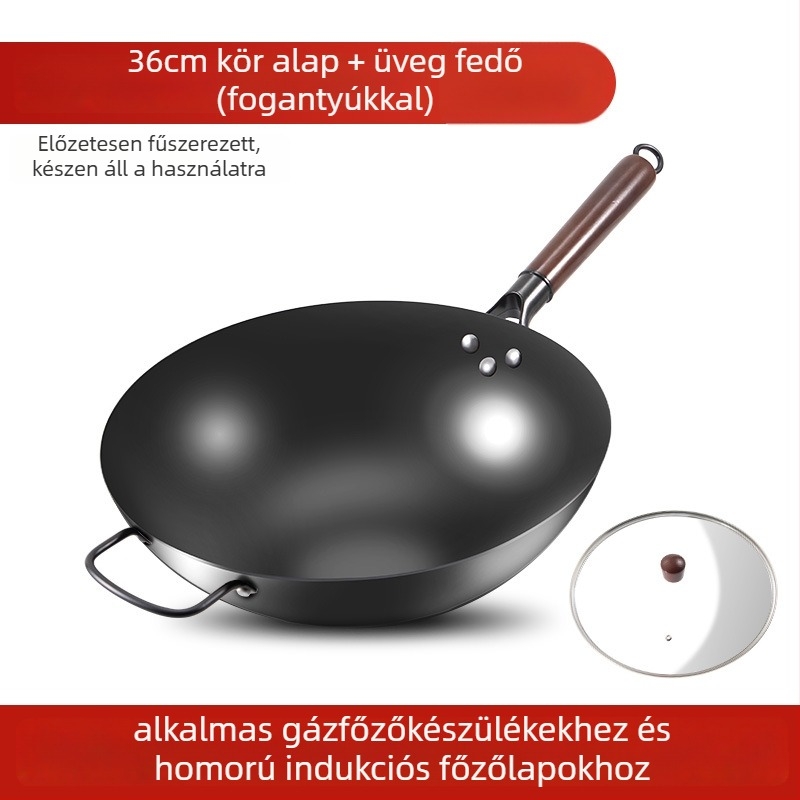 Love mom nitridált kovácsoltvas wok, kínai stílus, kerek aljzat, üvegfedél