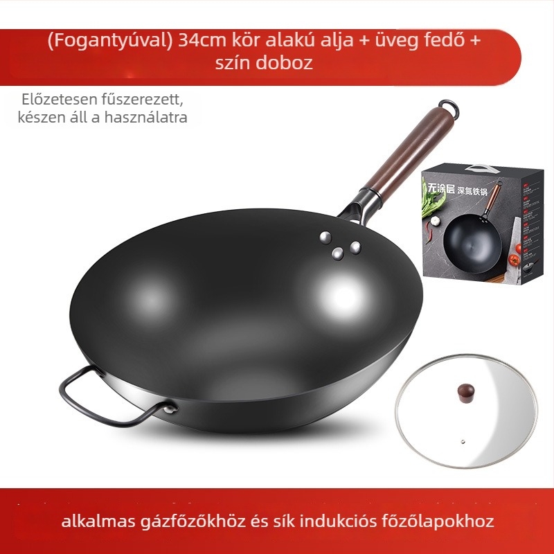 Love mom nitridált kovácsoltvas wok, kínai stílus, kerek aljzat, üvegfedél
