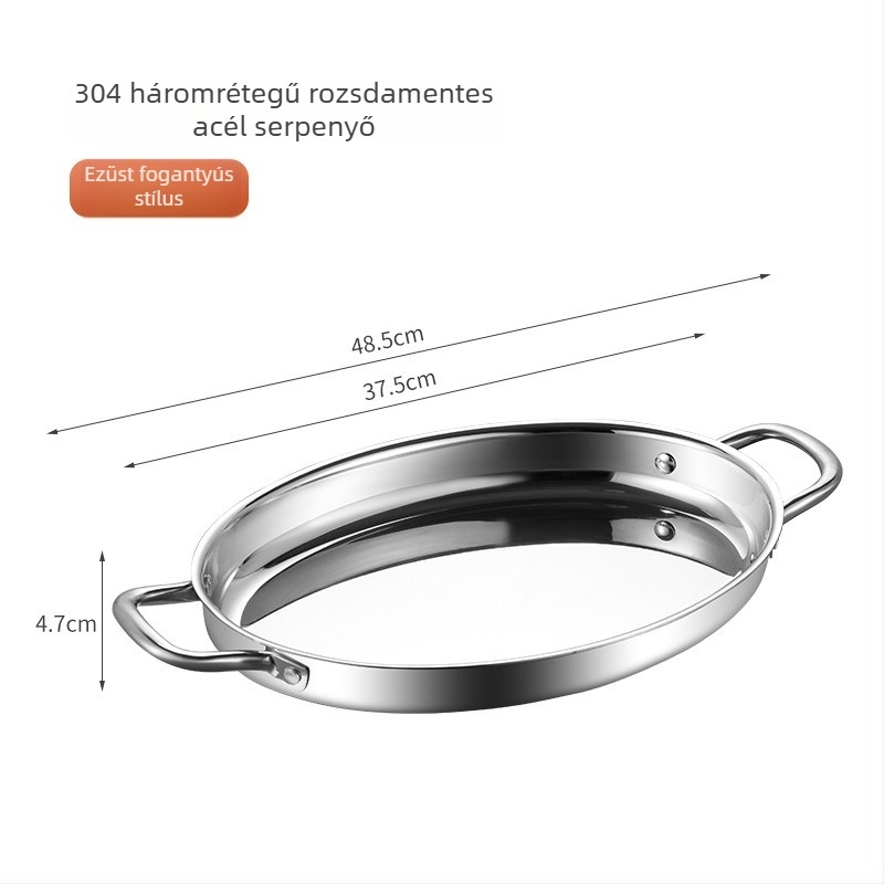 304 rozsdamentes acélból készült tojás alakú serpenyő, kettős fül, vastag alj, modell HO-1021