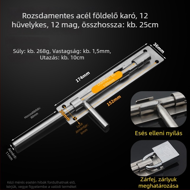 304 rozsdamentes acél – pillangózár, ajtózár, földre szerelhető, fa ajtókhoz, főajtókhoz és kovácsoltvas ajtókhoz