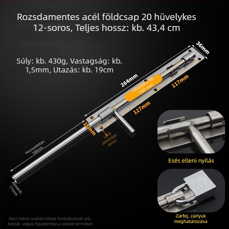 304 rozsdamentes acél – pillangózár, ajtózár, földre szerelhető, fa ajtókhoz, főajtókhoz és kovácsoltvas ajtókhoz