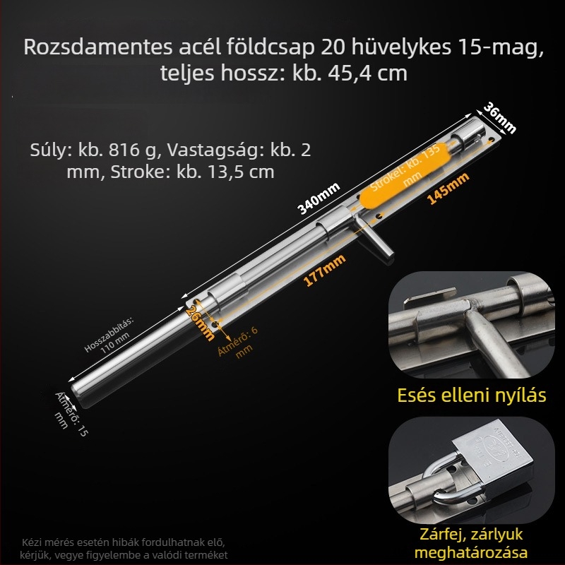 304 rozsdamentes acél – pillangózár, ajtózár, földre szerelhető, fa ajtókhoz, főajtókhoz és kovácsoltvas ajtókhoz
