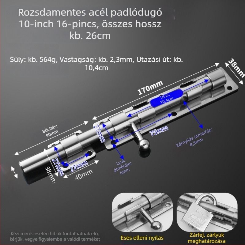 304 rozsdamentes acél – pillangózár, ajtózár, földre szerelhető, fa ajtókhoz, főajtókhoz és kovácsoltvas ajtókhoz