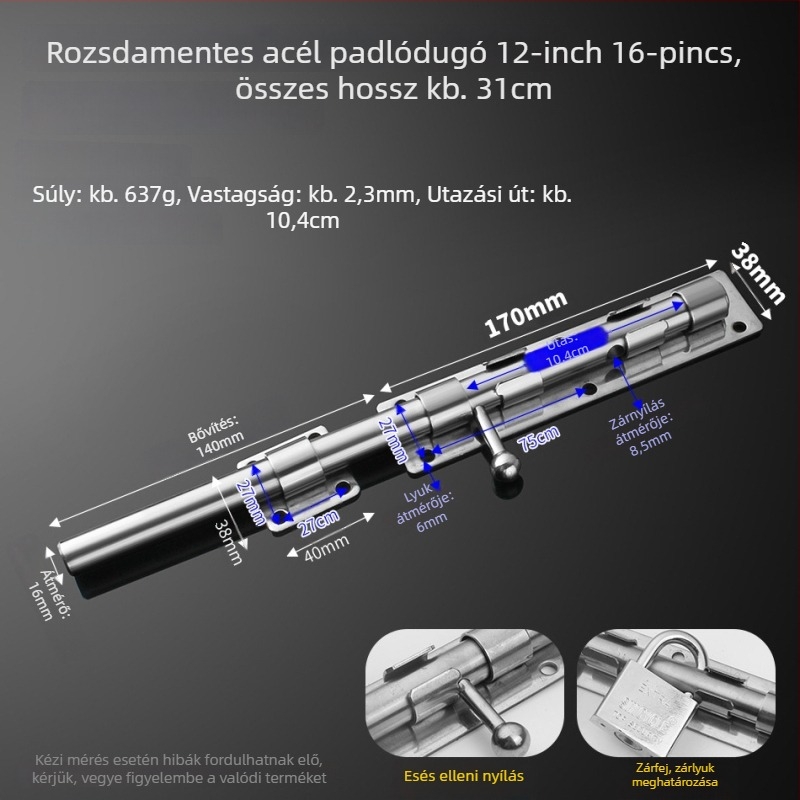 304 rozsdamentes acél – pillangózár, ajtózár, földre szerelhető, fa ajtókhoz, főajtókhoz és kovácsoltvas ajtókhoz