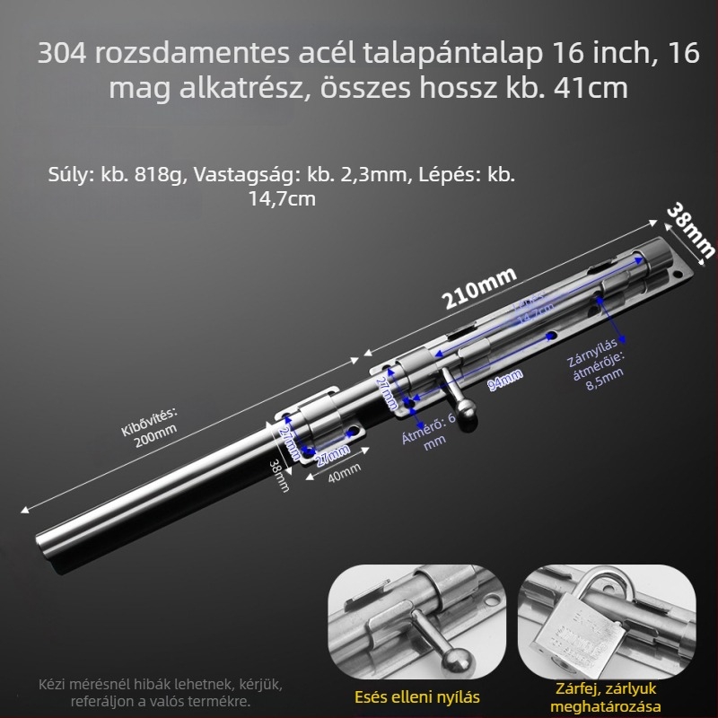 304 rozsdamentes acél – pillangózár, ajtózár, földre szerelhető, fa ajtókhoz, főajtókhoz és kovácsoltvas ajtókhoz