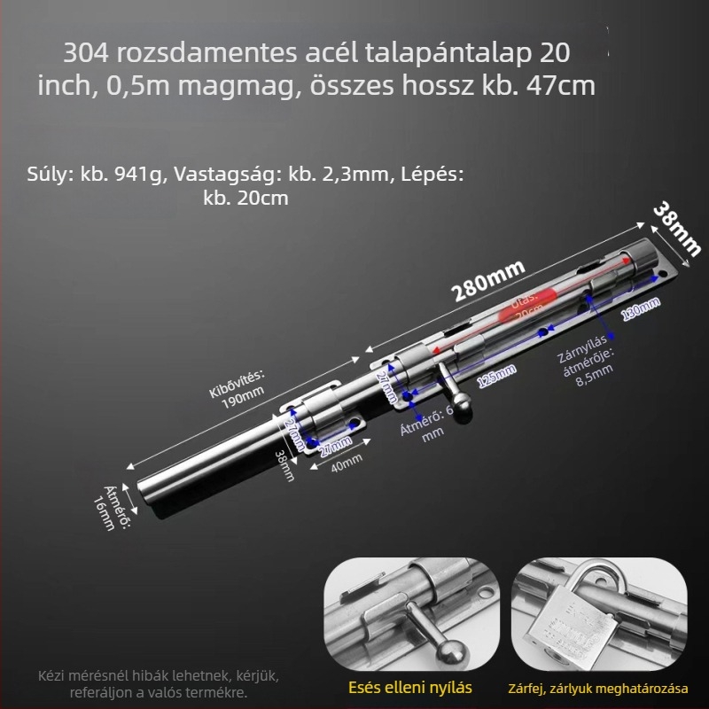 304 rozsdamentes acél – pillangózár, ajtózár, földre szerelhető, fa ajtókhoz, főajtókhoz és kovácsoltvas ajtókhoz