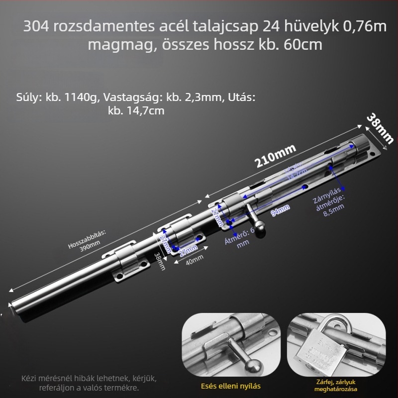 304 rozsdamentes acél – pillangózár, ajtózár, földre szerelhető, fa ajtókhoz, főajtókhoz és kovácsoltvas ajtókhoz