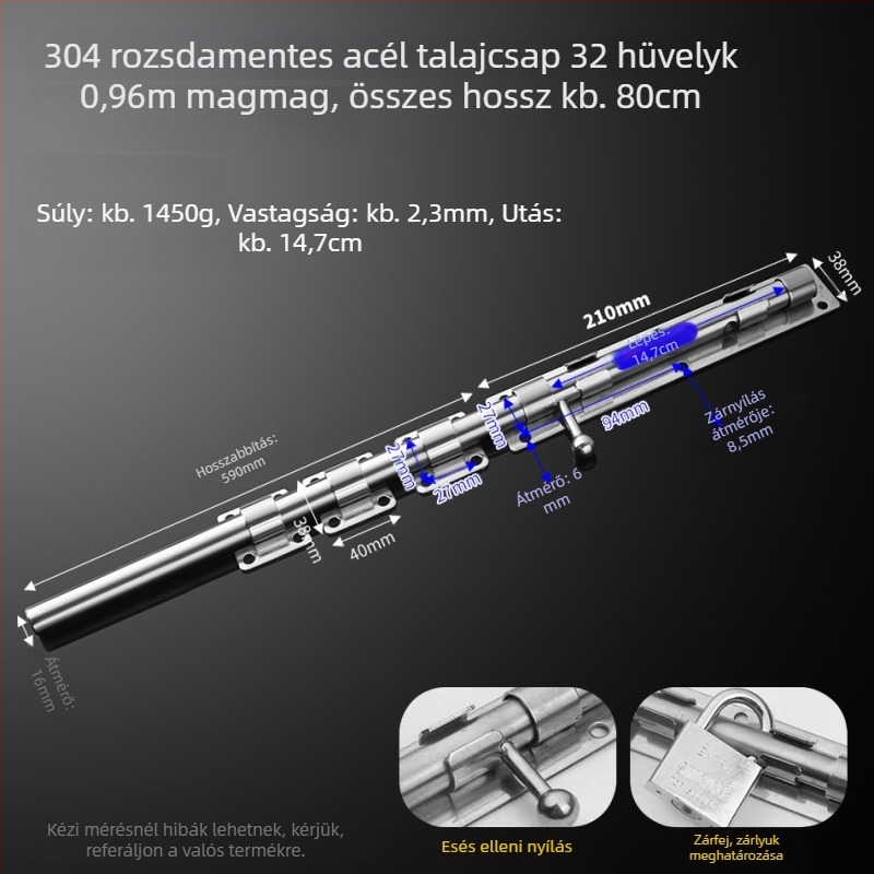 304 rozsdamentes acél – pillangózár, ajtózár, földre szerelhető, fa ajtókhoz, főajtókhoz és kovácsoltvas ajtókhoz
