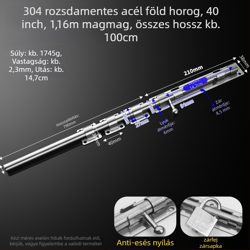 304 rozsdamentes acél – pillangózár, ajtózár, földre szerelhető, fa ajtókhoz, főajtókhoz és kovácsoltvas ajtókhoz