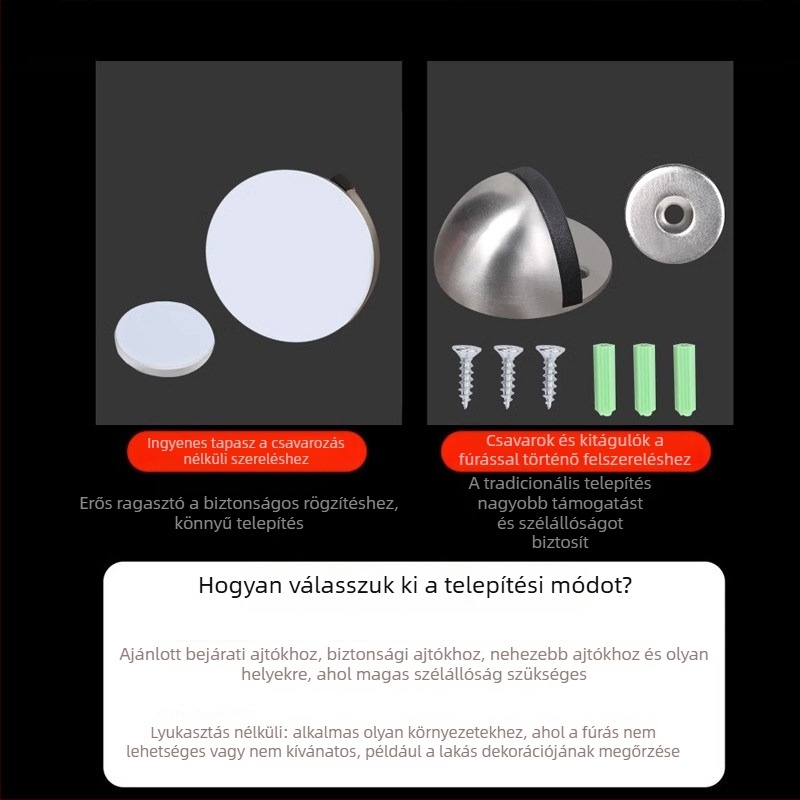 Padlóra szerelt ajtóütő, rozsdamentes acélból, rögzítés öntapadós, elektroplakált felület, modern minimális stílus