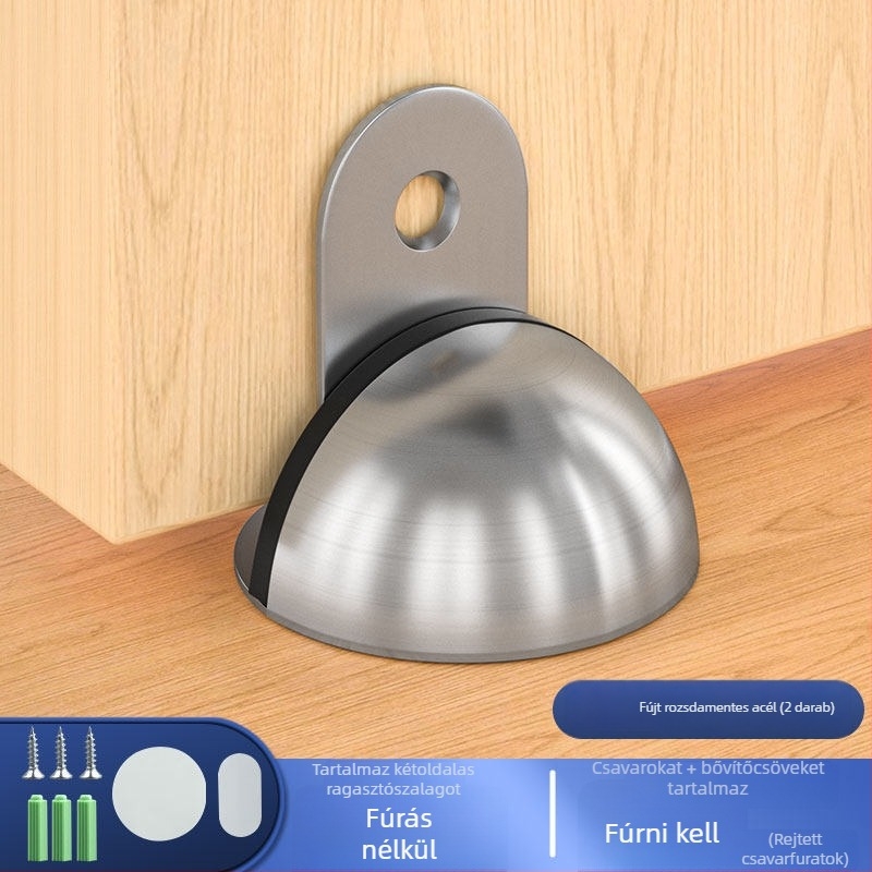 Padlóra szerelt ajtóütő, rozsdamentes acélból, rögzítés öntapadós, elektroplakált felület, modern minimális stílus
