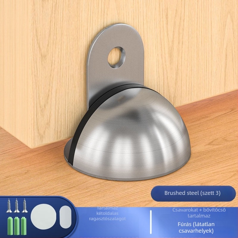 Padlóra szerelt ajtóütő, rozsdamentes acélból, rögzítés öntapadós, elektroplakált felület, modern minimális stílus