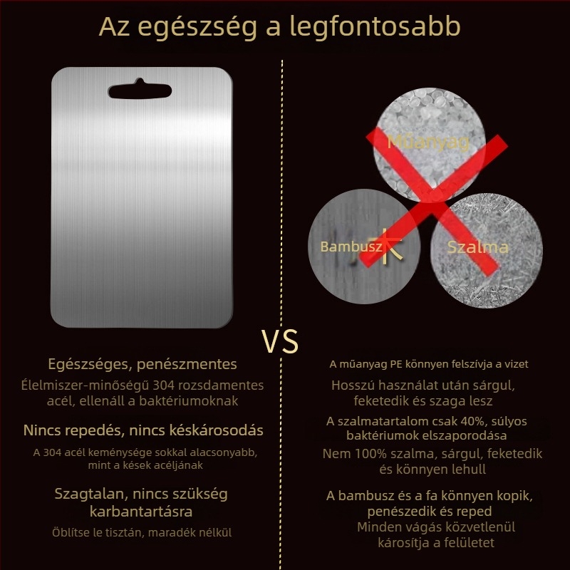 304 rozsdamentes acél vágódeszka, kétoldalas, élelmiszer-minőségű, vastagított kivitel, konyhai és otthoni használatra, gyümölcs és zöldség vágásához