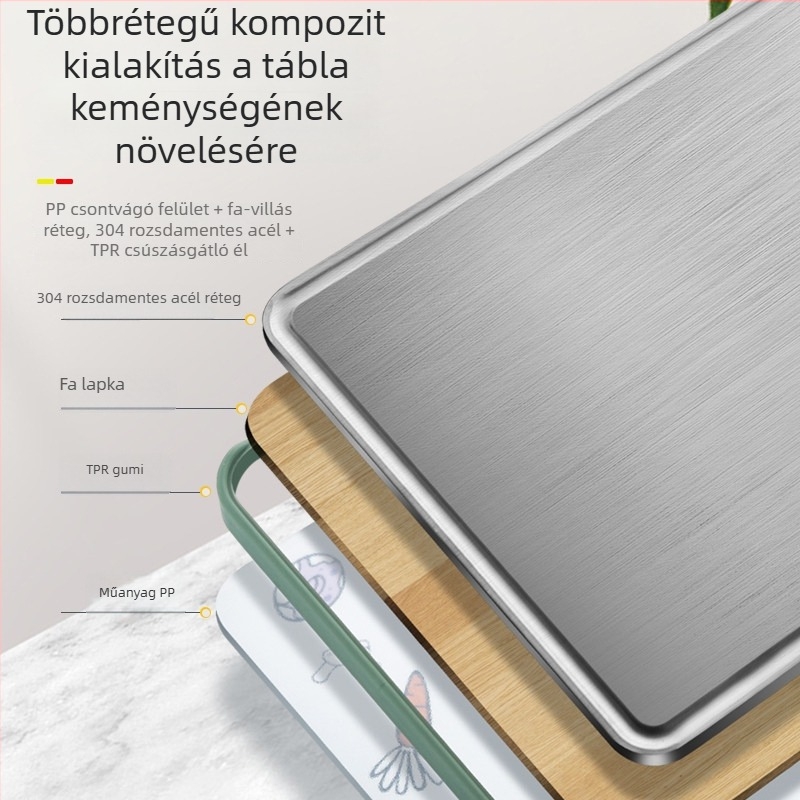 Kétoldalas vágódeszka 304-es rozsdamentes acél és PP műanyagból; multifunkcionális konyhai eszköz vágáshoz és válogatáshoz; háztartási használatra.
