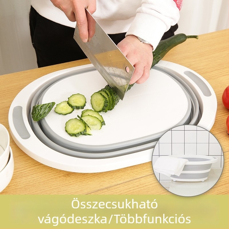Többcélú összecsukható leeresztő kosár gyümölcsök és zöldségek mosásához, 3 az 1-ben műanyag vágódeszka, kültéri konyhai használatra