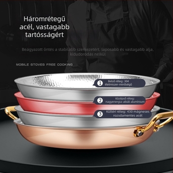 Paellás serpenyő 304 rozsdamentes acélból, kettős fogantyúval, sík háromrétegű aljzattal, indukciós kompatibilis, 4 cm mélység