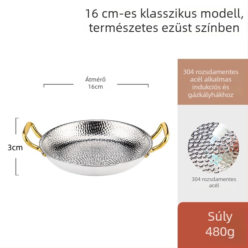 Paellás serpenyő 304 rozsdamentes acélból, kettős fogantyúval, sík háromrétegű aljzattal, indukciós kompatibilis, 4 cm mélység
