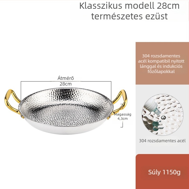 Paellás serpenyő 304 rozsdamentes acélból, kettős fogantyúval, sík háromrétegű aljzattal, indukciós kompatibilis, 4 cm mélység