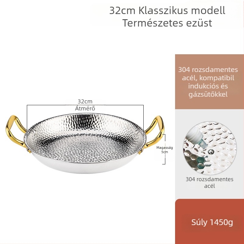 Paellás serpenyő 304 rozsdamentes acélból, kettős fogantyúval, sík háromrétegű aljzattal, indukciós kompatibilis, 4 cm mélység