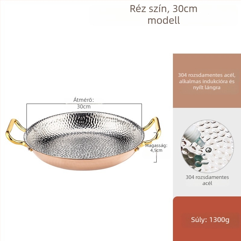 Paellás serpenyő 304 rozsdamentes acélból, kettős fogantyúval, sík háromrétegű aljzattal, indukciós kompatibilis, 4 cm mélység