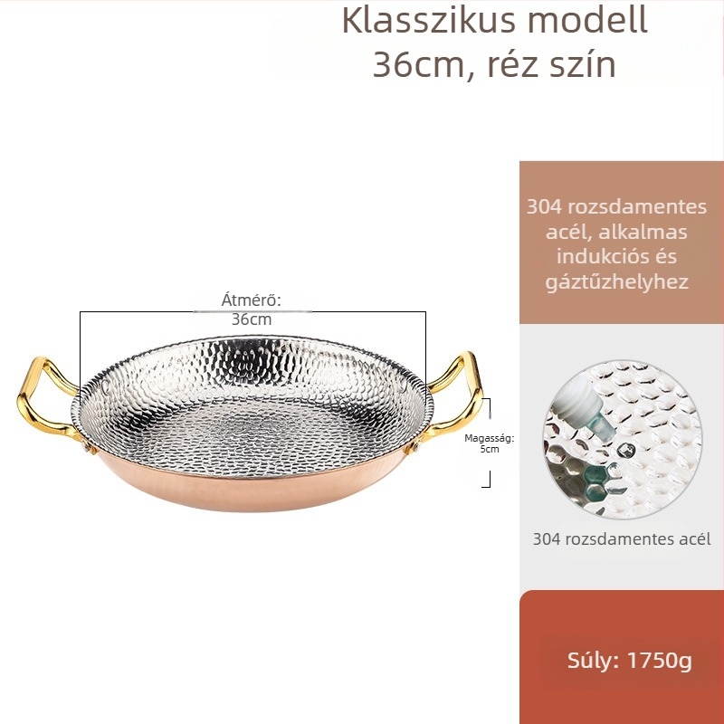 Paellás serpenyő 304 rozsdamentes acélból, kettős fogantyúval, sík háromrétegű aljzattal, indukciós kompatibilis, 4 cm mélység