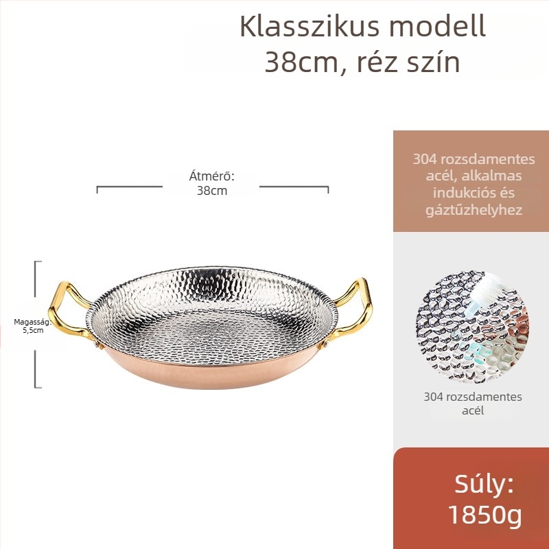 Paellás serpenyő 304 rozsdamentes acélból, kettős fogantyúval, sík háromrétegű aljzattal, indukciós kompatibilis, 4 cm mélység