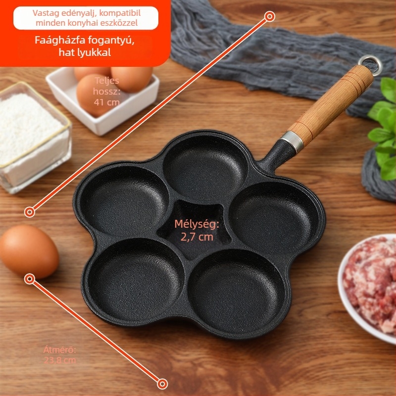 Öntöttvas tapadásmentes serpenyő — Modell XLF-JP; Funkció: burger, kenyér, rántott tojás és torta forma; Tömeg: 2,6 kg