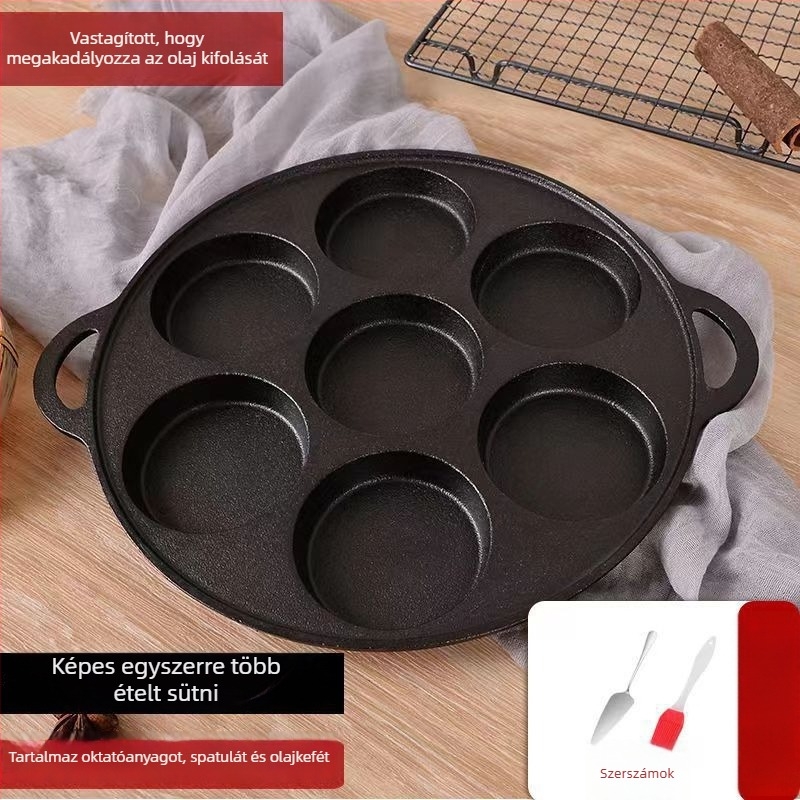 Öntöttvas tapadásmentes serpenyő — Modell XLF-JP; Funkció: burger, kenyér, rántott tojás és torta forma; Tömeg: 2,6 kg