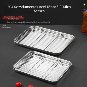 304 rozsdamentes acélból készült lapos tálca, téglalap alakú, szűrőhálós olajkontroll és lefolyás, modern minimalista stílus