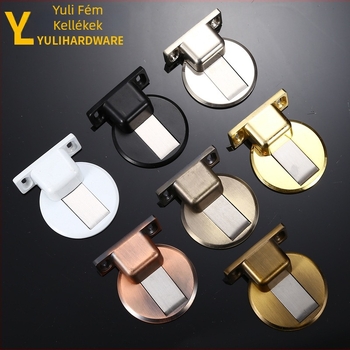 Zinkötvözet padlóra szerelhető ajtóállvány – fúrás nélkül, csendes, láthatatlan mágneses tartó beltéri faajtókhoz (CT-02 szerelés, kézi működtetés, modern stílus)