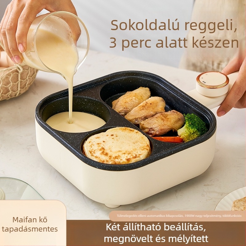 Elektronikus négylyukas omlett serpenyő tapadásmentes bevonattal, alumínium ötvözet test, 900W, 220V, üvegfedő