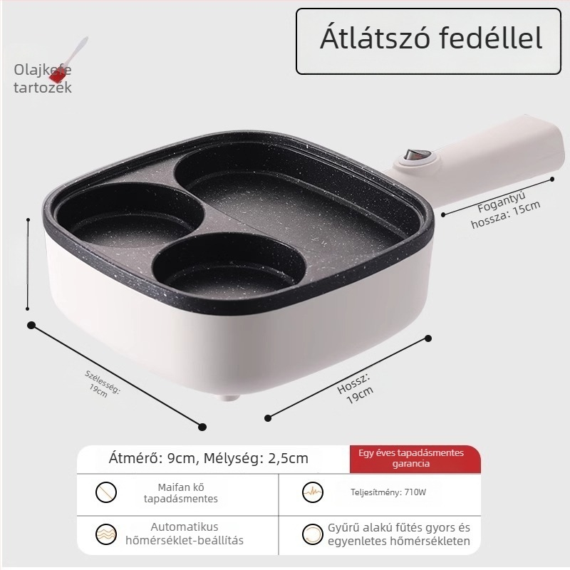 Elektronikus négylyukas omlett serpenyő tapadásmentes bevonattal, alumínium ötvözet test, 900W, 220V, üvegfedő