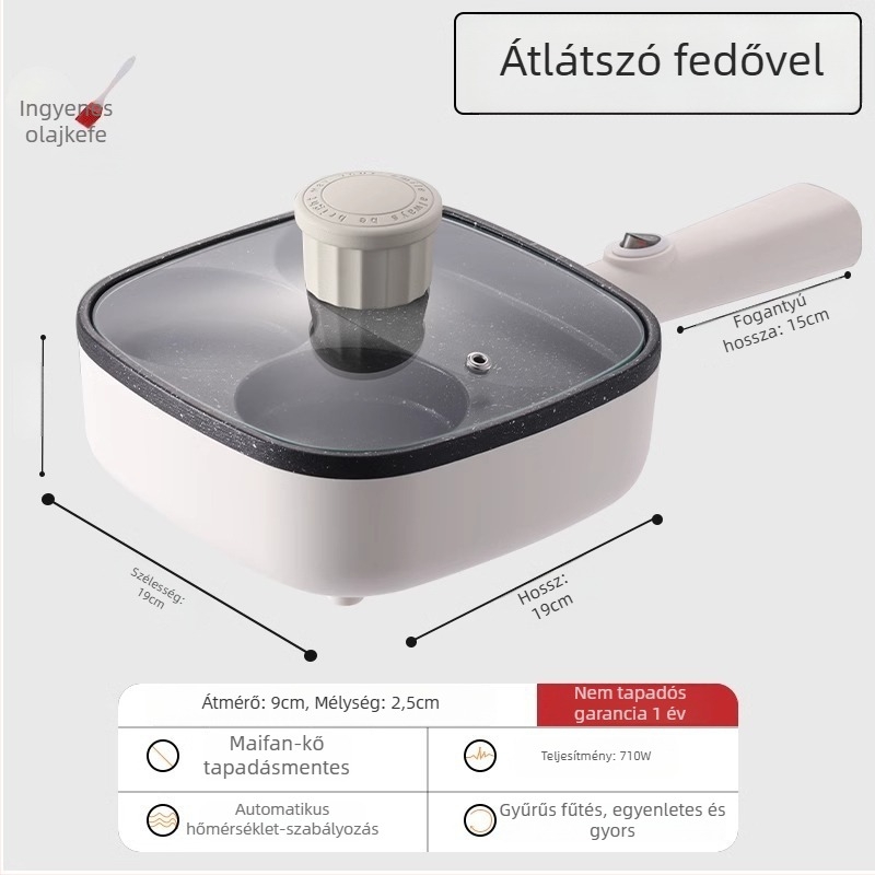Elektronikus négylyukas omlett serpenyő tapadásmentes bevonattal, alumínium ötvözet test, 900W, 220V, üvegfedő
