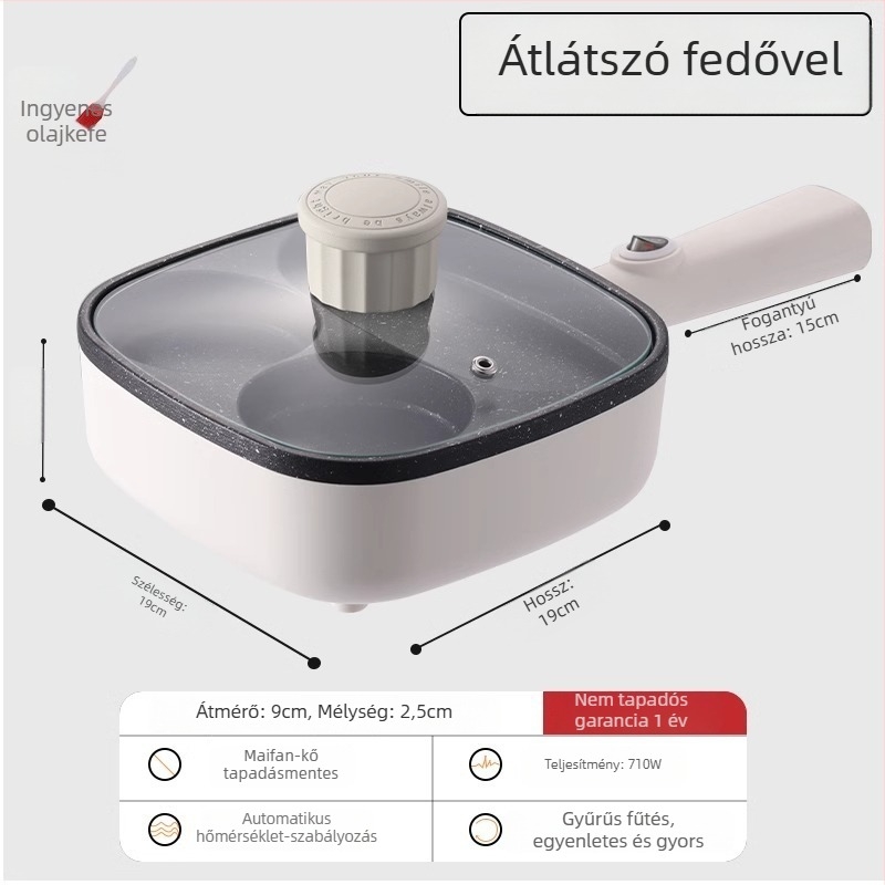 Elektronikus négylyukas omlett serpenyő tapadásmentes bevonattal, alumínium ötvözet test, 900W, 220V, üvegfedő