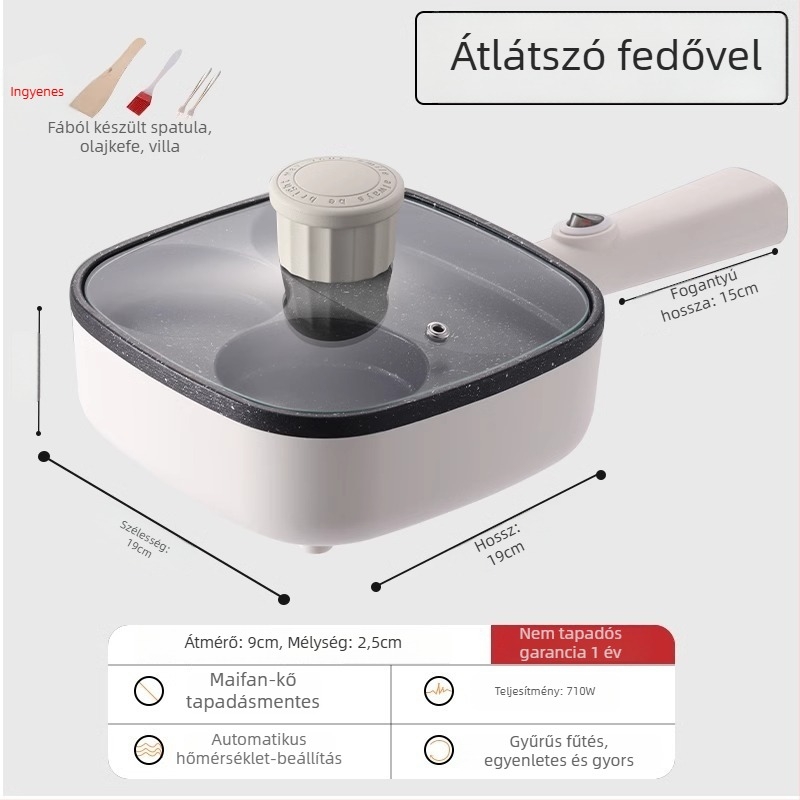 Elektronikus négylyukas omlett serpenyő tapadásmentes bevonattal, alumínium ötvözet test, 900W, 220V, üvegfedő