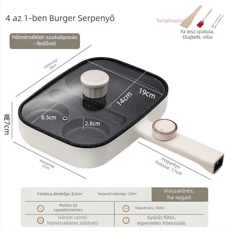 Elektronikus négylyukas omlett serpenyő tapadásmentes bevonattal, alumínium ötvözet test, 900W, 220V, üvegfedő