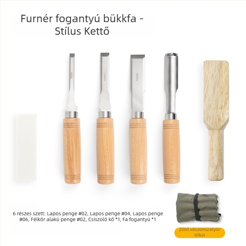 Fafaragó eszközök készlet manganacél pengékkel és bükkfa nyéllel – lapos és félköríves vésők