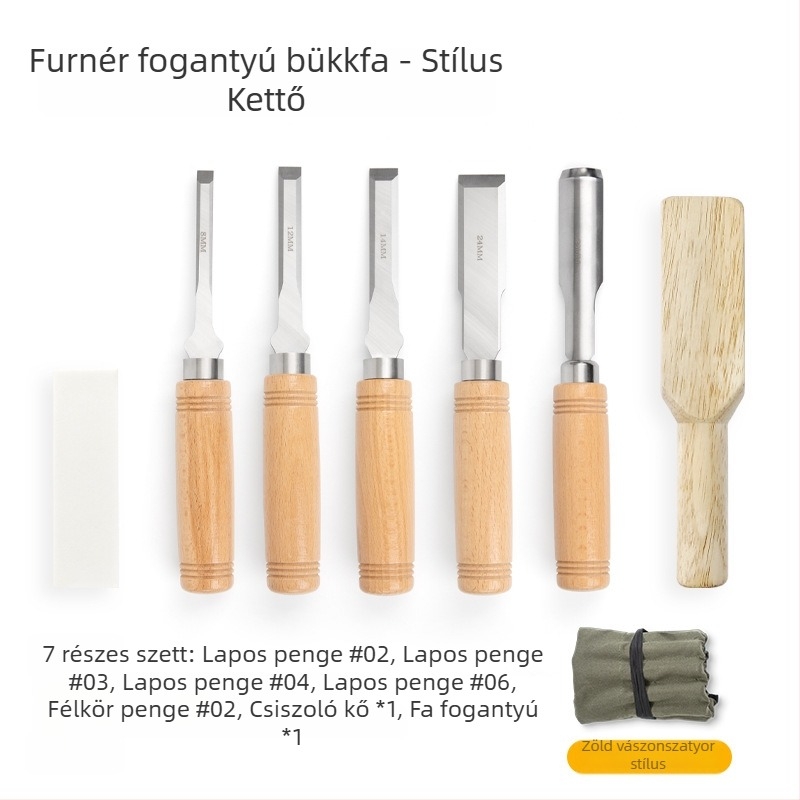 Fafaragó eszközök készlet manganacél pengékkel és bükkfa nyéllel – lapos és félköríves vésők
