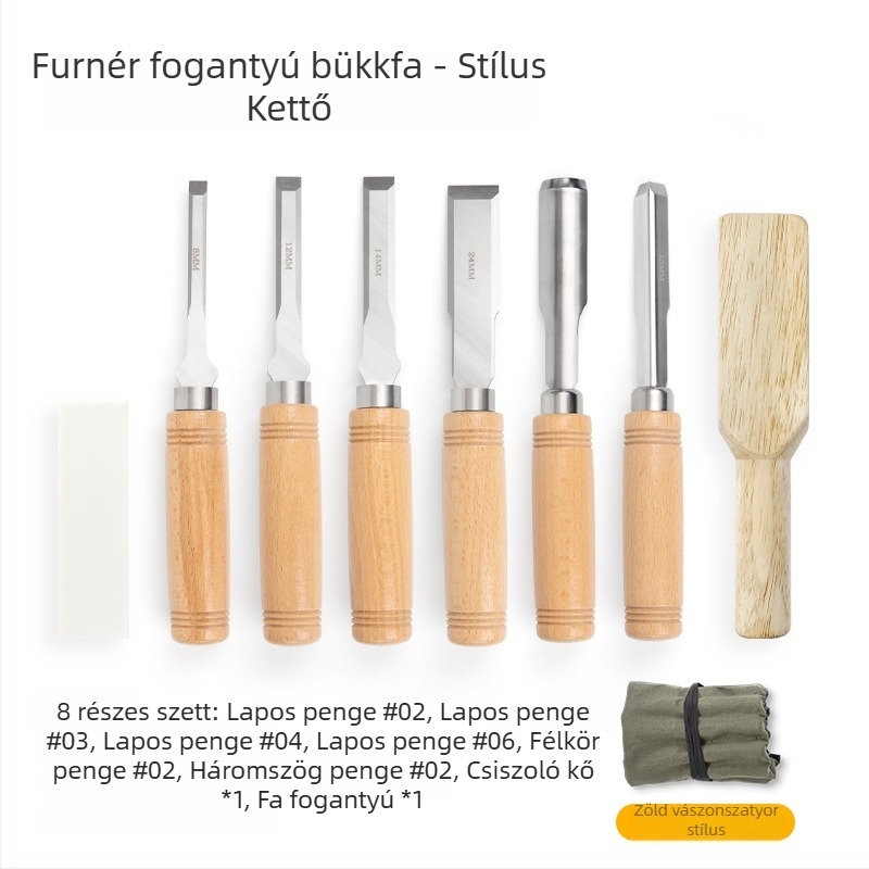 Fafaragó eszközök készlet manganacél pengékkel és bükkfa nyéllel – lapos és félköríves vésők